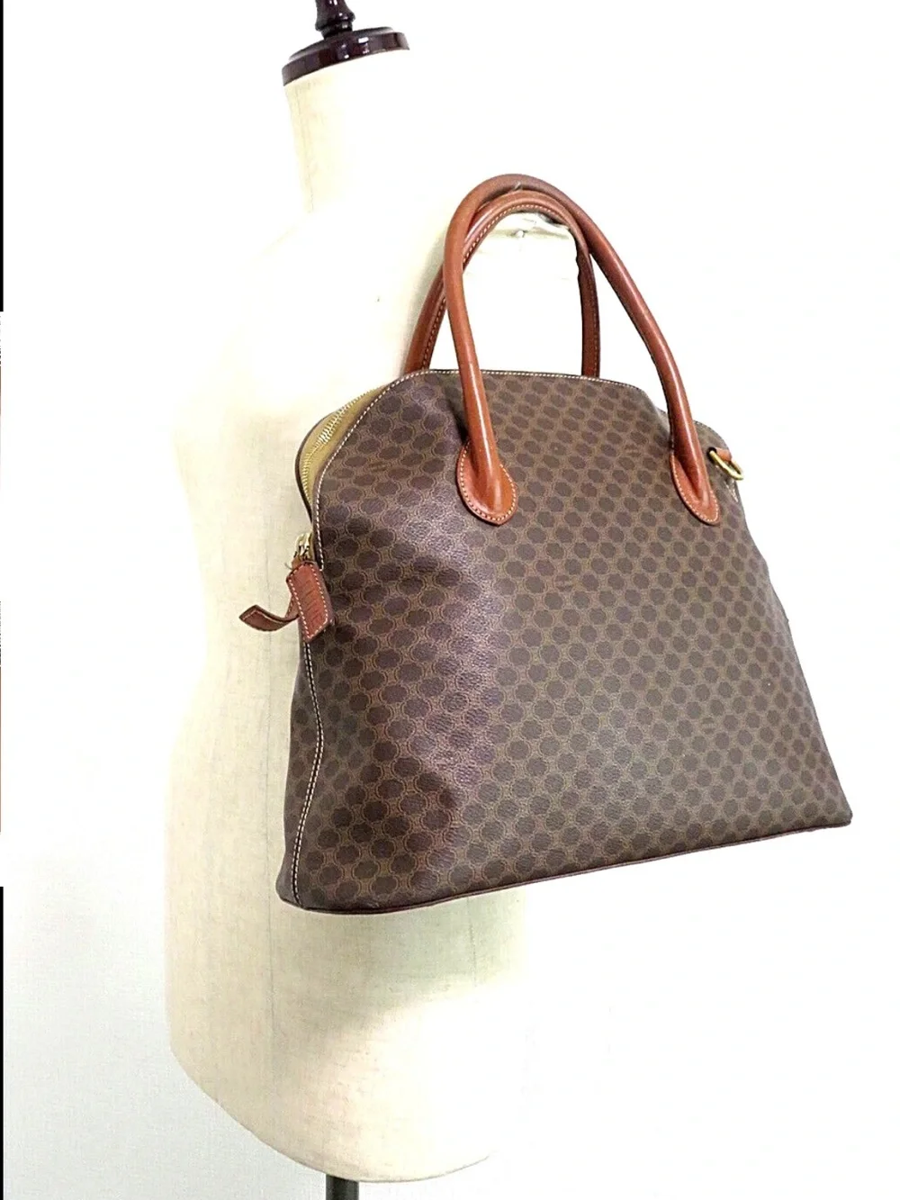 Celine Brown Patterned Dome Satchel with Tan Leather Handles